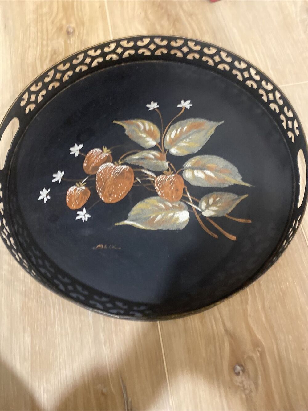 Alix Originals Hand-Painted 14" Round Metal Tray W/Handles Peaches Signed